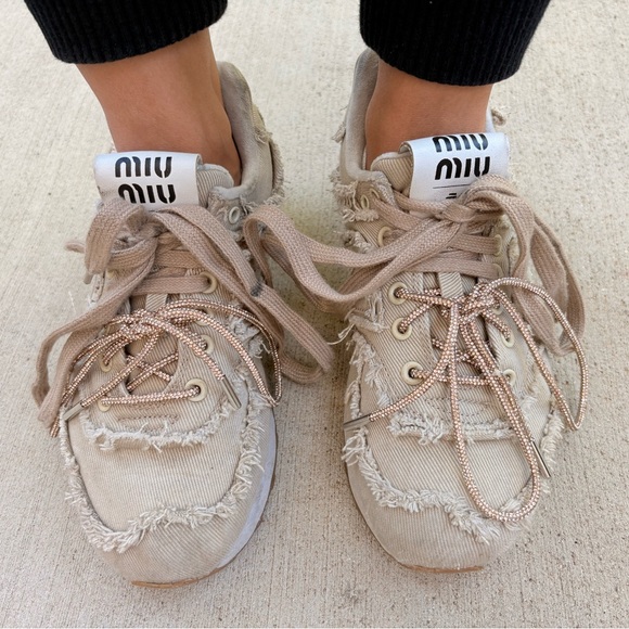 New Balance 574 x Miu Miu Denim Colonial Beige Sneakers Comfortable Chic US 7 - Picture 1 of 4